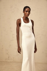 Donatella Midi Dress White Textured U - Neck Slit Style