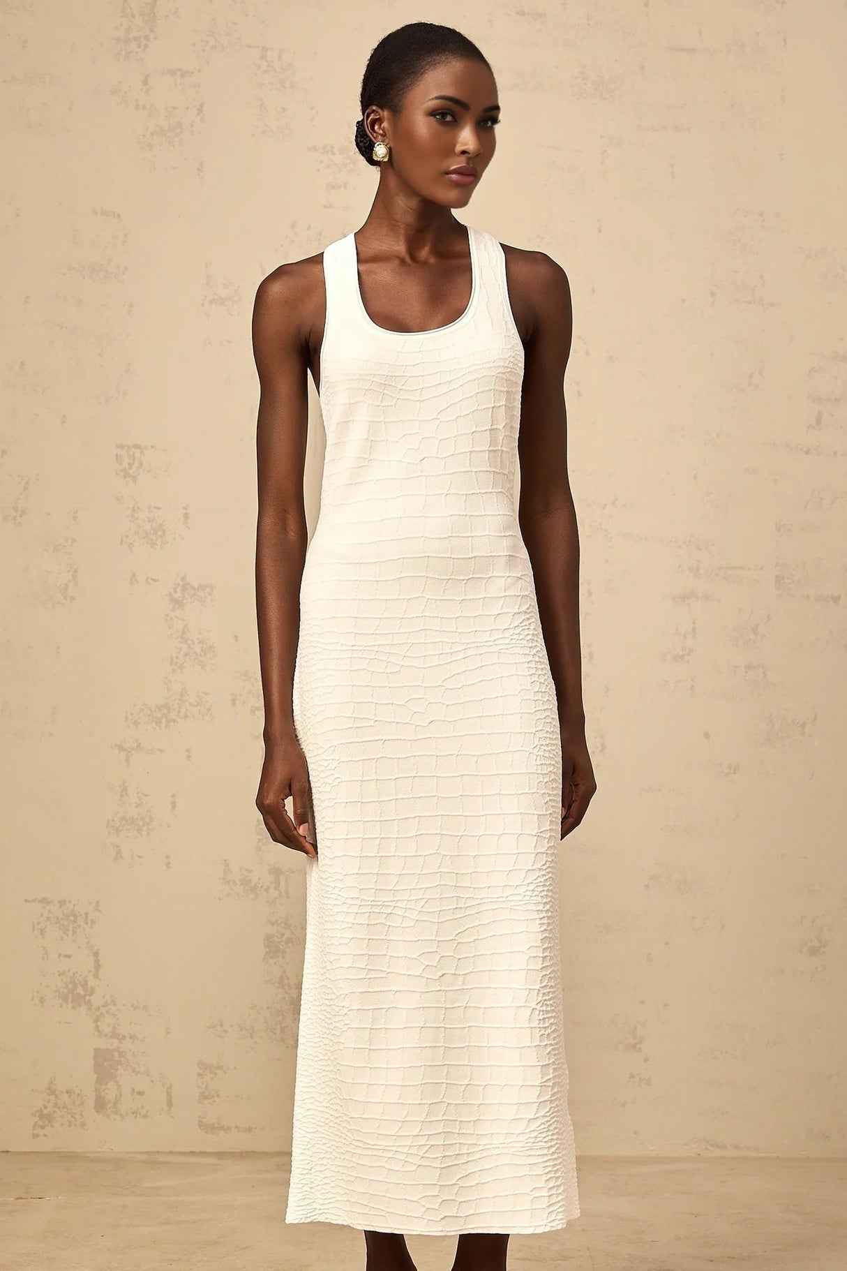 Donatella Midi Dress White Textured U - Neck Slit Style