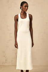 Donatella Midi Dress White Textured U - Neck Slit Style