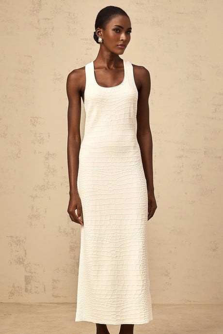 Donatella Midi Dress White Textured U - Neck Slit Style
