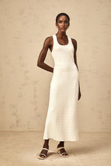 Donatella Midi Dress White Textured U - Neck Slit Style