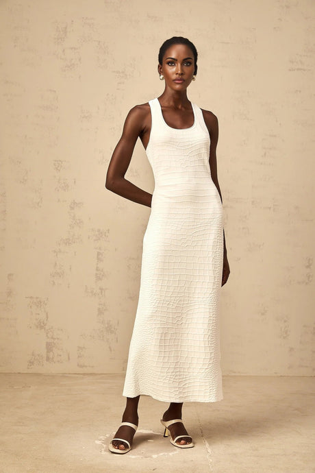 Donatella Midi Dress White Textured U - Neck Slit Style