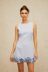Donatella Mini Dress Blue Faux - Flower Charm & Cinched Waist