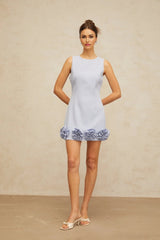Donatella Mini Dress Blue Faux - Flower Charm & Cinched Waist