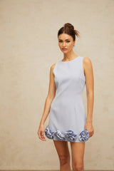 Donatella Mini Dress Blue Faux - Flower Charm & Cinched Waist