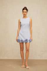Donatella Mini Dress Blue Faux - Flower Charm & Cinched Waist