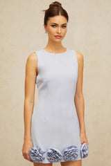 Donatella Mini Dress Blue Faux - Flower Charm & Cinched Waist