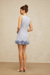 Donatella Mini Dress Blue Faux - Flower Charm & Cinched Waist