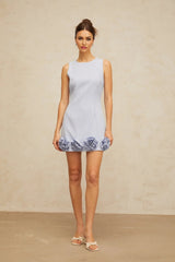 Donatella Mini Dress Blue Faux - Flower Charm & Cinched Waist