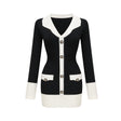 Donatella Mini Dress - Long Sleeve V - Neck Color Block Notched Lapel Ribbed Knit Button Front Pockets Straight Hem
