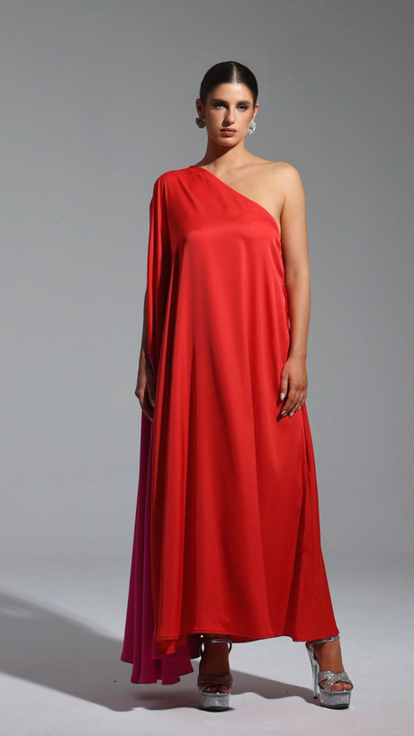 Donatella Red One-Shoulder Satin Maxi Dress