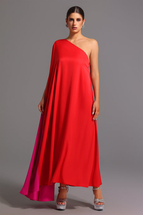 Donatella Red Satin One-Shoulder Maxi Dress