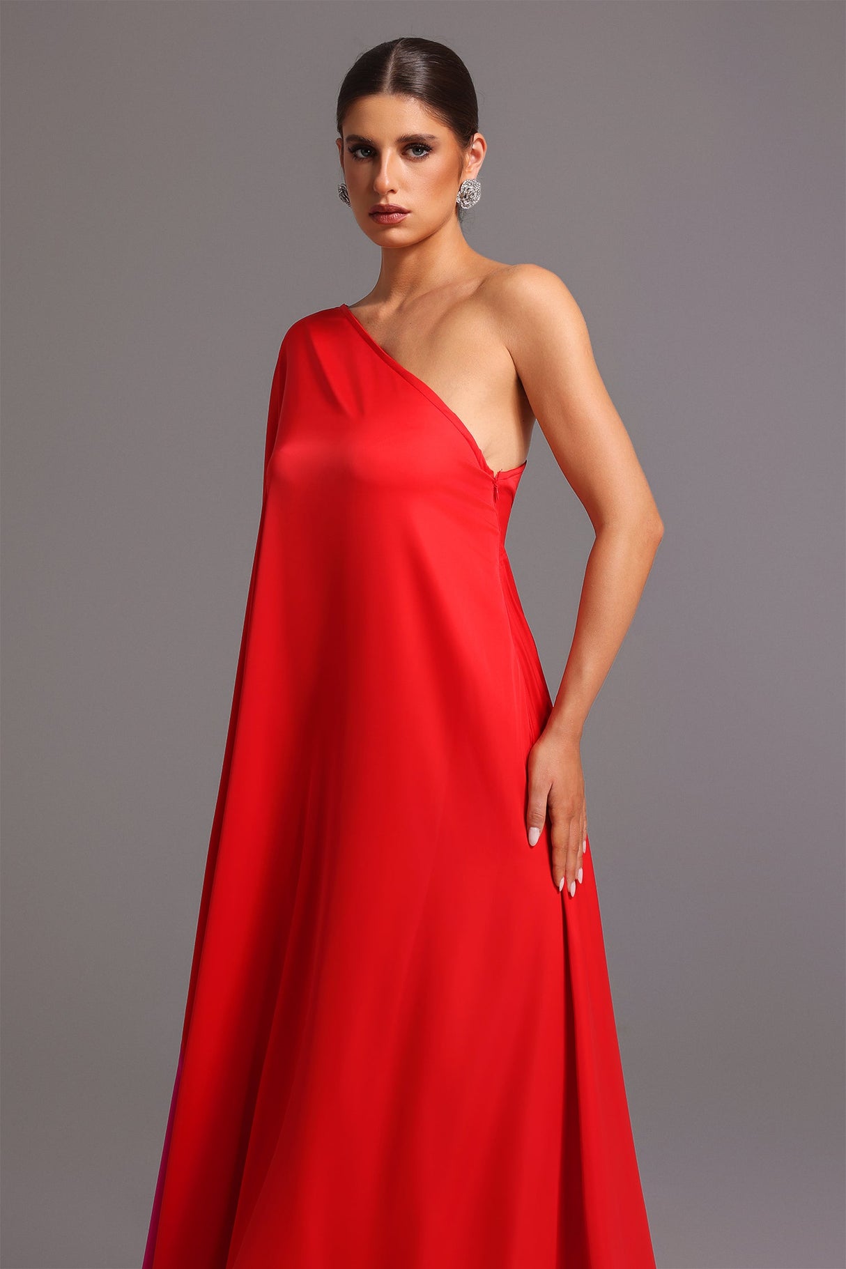 Donatella Red Satin One-Shoulder Maxi Dress
