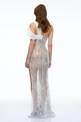 Donatella Silver Rhinestone Maxi Dress with Slit