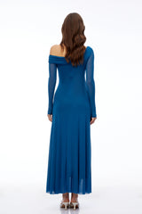 Donatella Teal Blue Off Shoulder Long Sleeves Maxi Dress