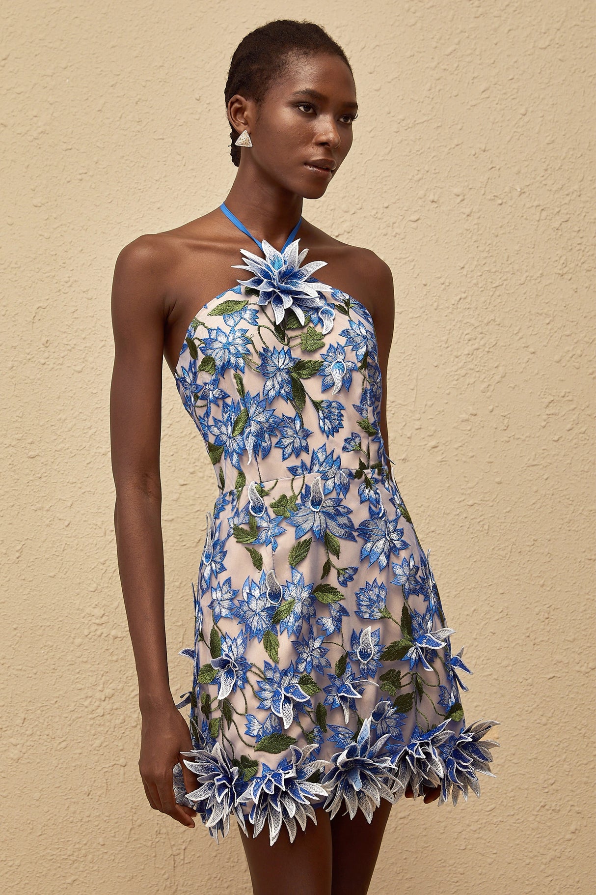 Doriane Blue Halterneck Floral Embroidered Mini Dress