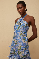 Doriane Blue Halterneck Floral Embroidered Mini Dress