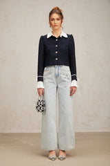 Doriane jacket in navy blue featuring tweed fabric with panelled design
