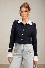 Doriane navy blue jacket with tweed panels and a structured silhouette