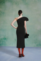 Doris Asymmetric Sculptural Neckline Black Midi Dress
