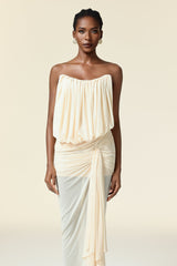 Dorotea Beige Asymmetric Draped Neckline Dress