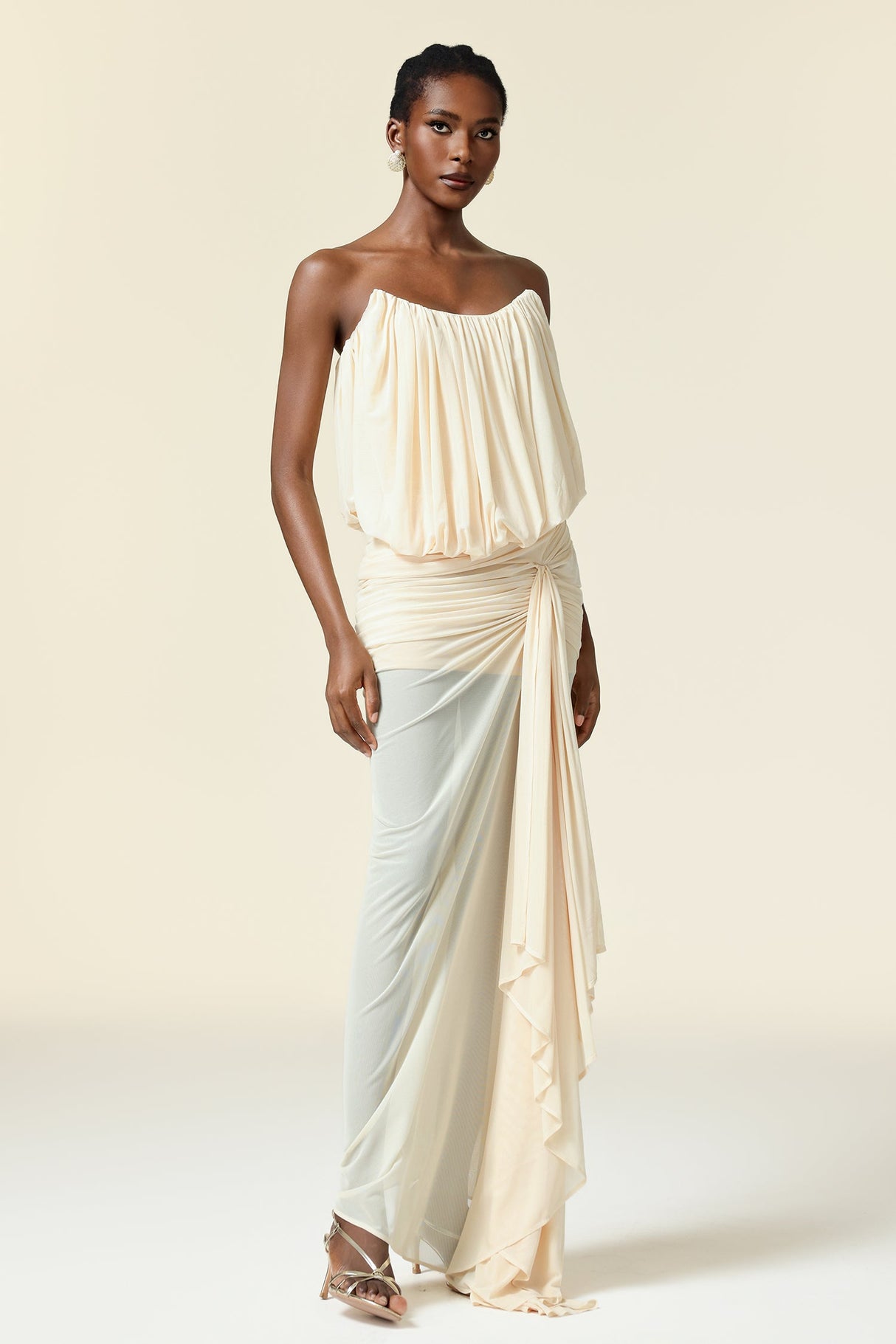 Dorotea Beige Asymmetric Draped Neckline Dress for Various Occasions Fit Feel Detailing Modern Elegance