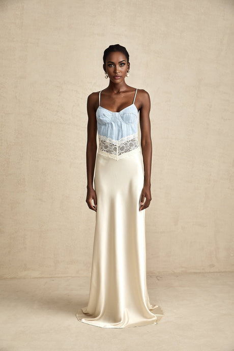 Dorotea Denim Maxi Dress - Lace Trim - Paneled Design - Sleeveless Style - Adjustable Straps