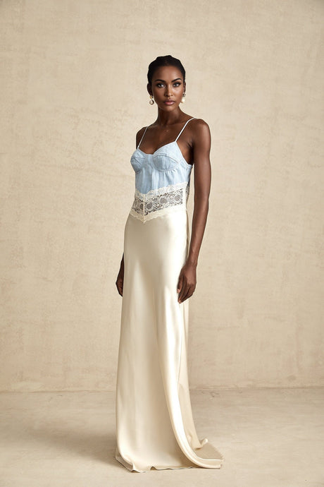 Dorotea Denim Maxi Dress - Lace Trim - Paneled Design - Sleeveless Style - Adjustable Straps