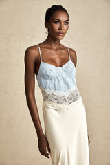 Dorotea Denim Maxi Dress - Lace Trim - Paneled Design - Sleeveless Style - Adjustable Straps