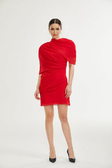 Dorotea Mini Dress - Open Back Design - Shoulder Pads - Asymmetric Style - High Neckline
