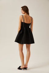 Dorotea Mini Dress - Square Neck - Sleeveless - Crystal Embellished Straps - Pleated Detailing