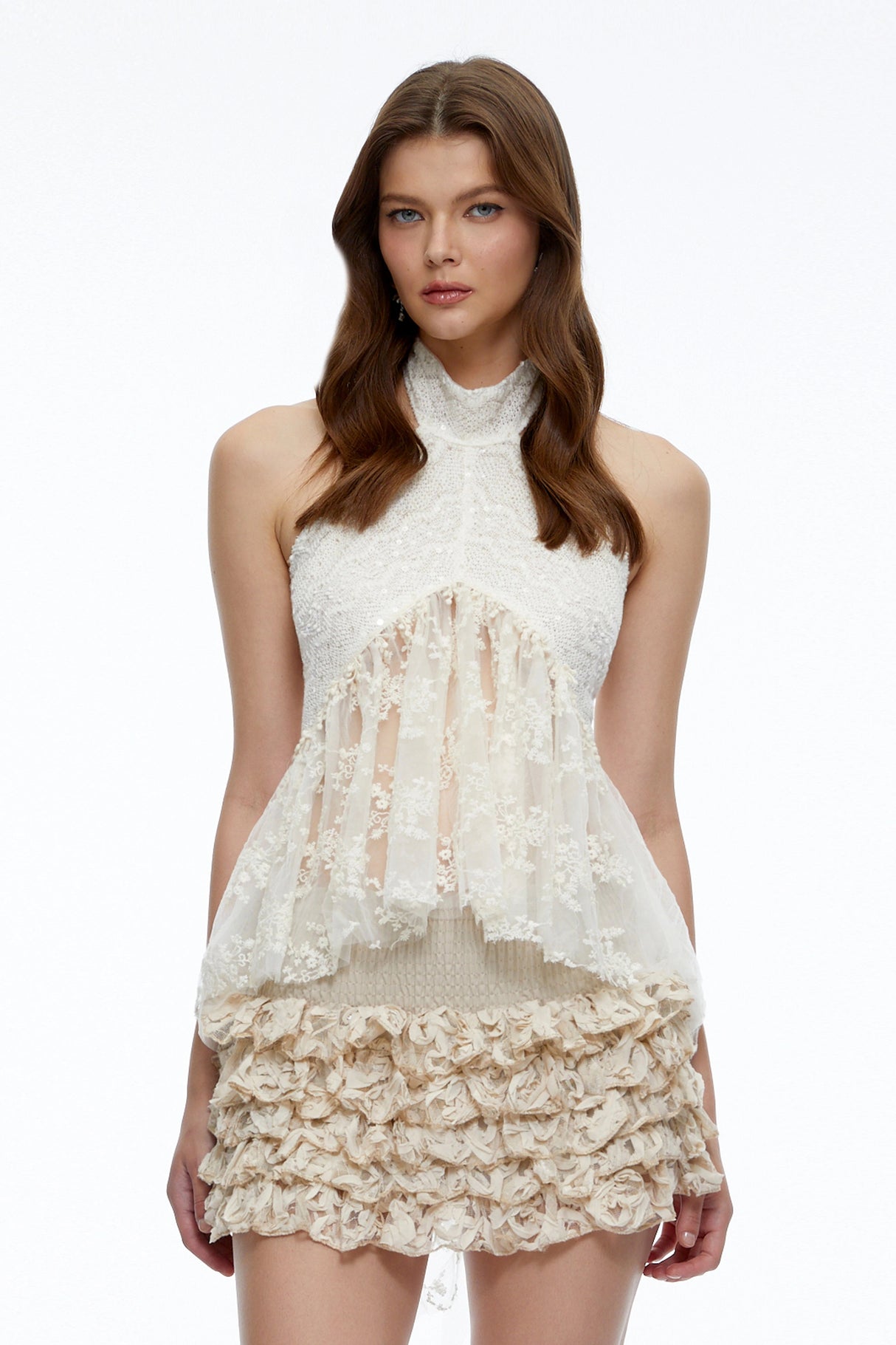 Dorothea Neutral Lace Ruffled Top  Skirt Set