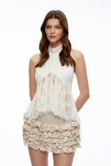 Dorothea Neutral Lace Ruffled Top  Skirt Set