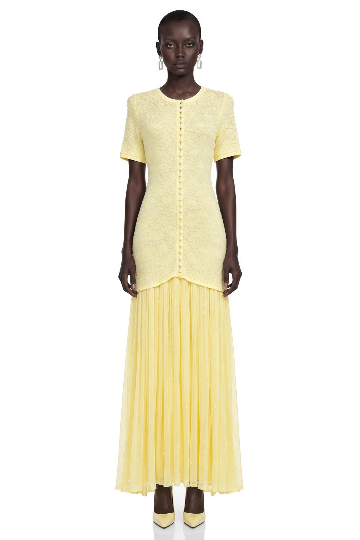 Dorothy Yellow Rhinestone Pleated Maxi Dress