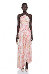 Doux Pink Floral Ruffled Trim Pleated Midi Dress