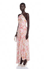 Doux Pink Floral Ruffled Trim Pleated Midi Dress