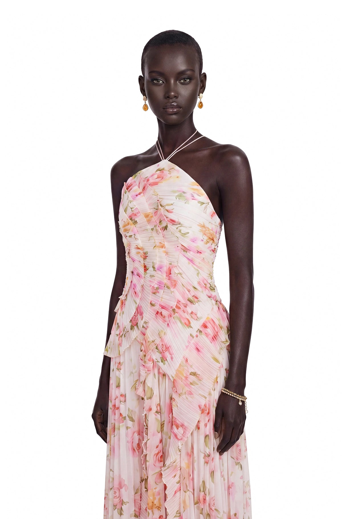 Doux Pink Floral Ruffled Trim Pleated Midi Dress