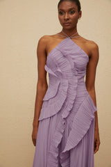 Doux Purple Ruffled Trim Pleated Midi Dress