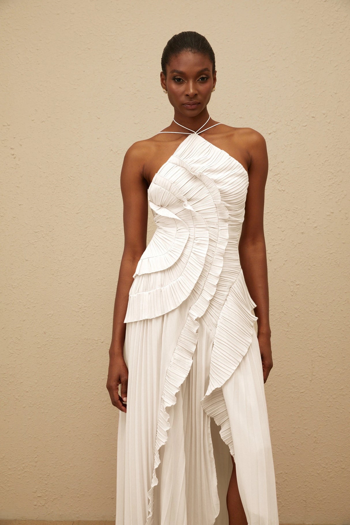 Doux White Ruffled Trim Pleated Midi Dress