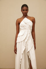 Doux White Ruffled Trim Pleated Midi Dress