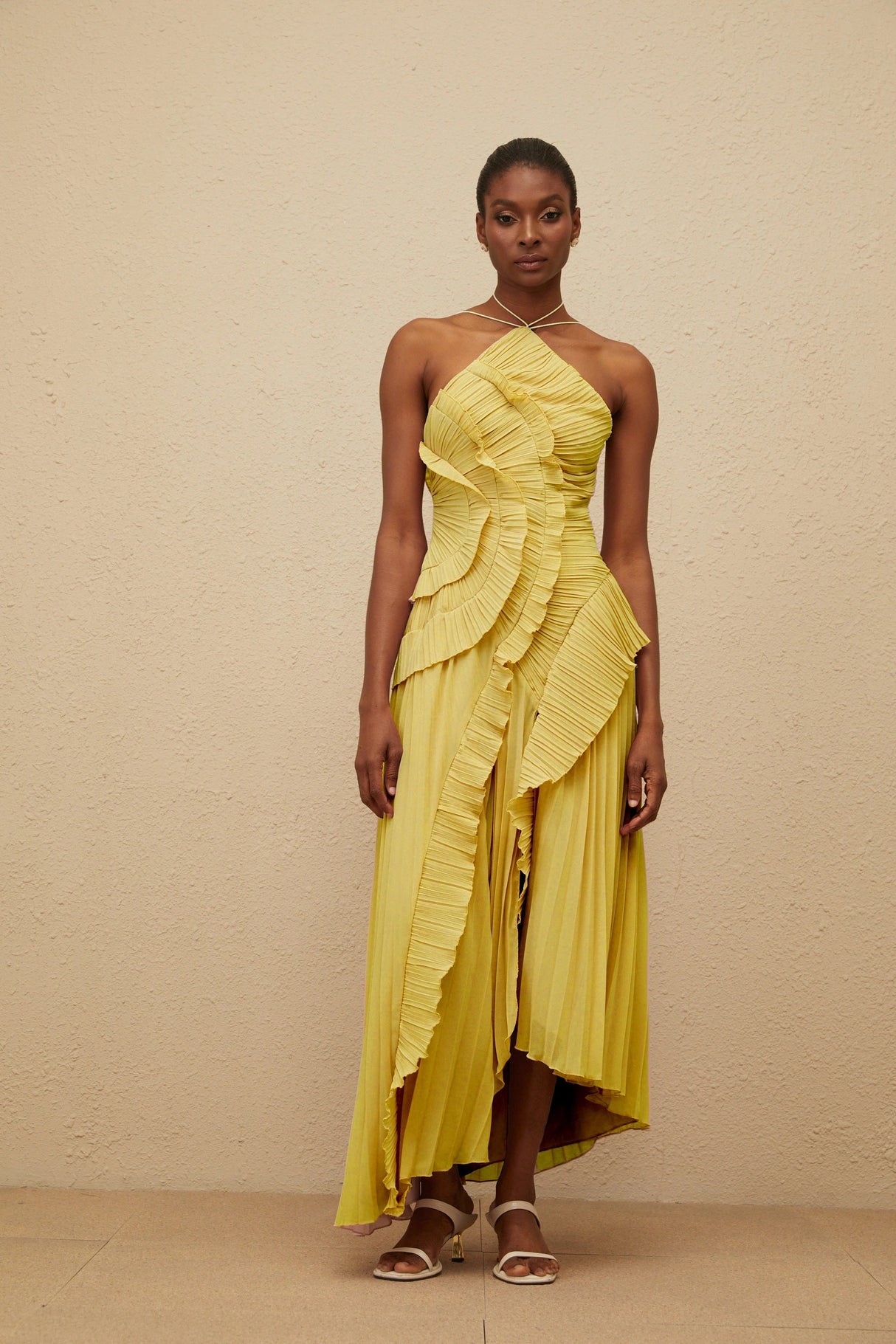 Doux Yellow Ruffled Trim Pleated Midi Dress