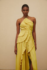 Doux Yellow Ruffled Trim Pleated Midi Dress
