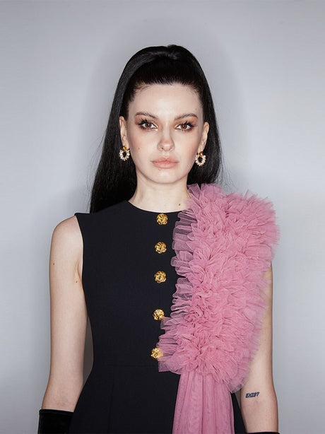 Dress - A - Line Silhouette - Gold Button Details - Pink Tulle Embellishment - Sleeveless Elegance