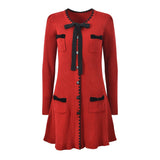 Dress - A - Line Silhouette - Ribbed Texture With Contrasting Accents - Relaxed Fit - Bow Accents & Pockets