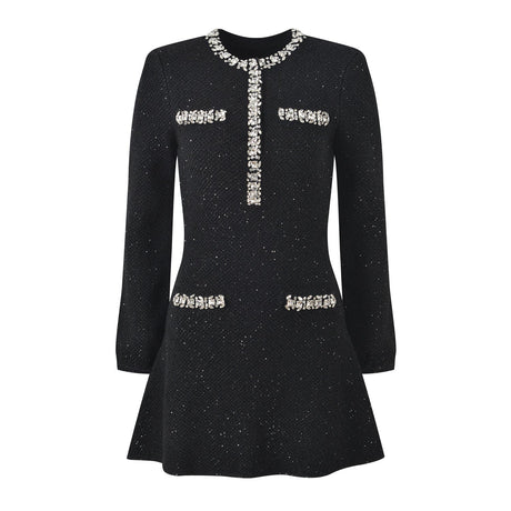 Dress - A - Line Silhouette - Tailored Fit - Sparkling Embellishments - Jewelled Pocket Accents