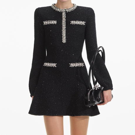 Dress - A - Line Silhouette - Tailored Fit - Sparkling Embellishments - Jewelled Pocket Accents