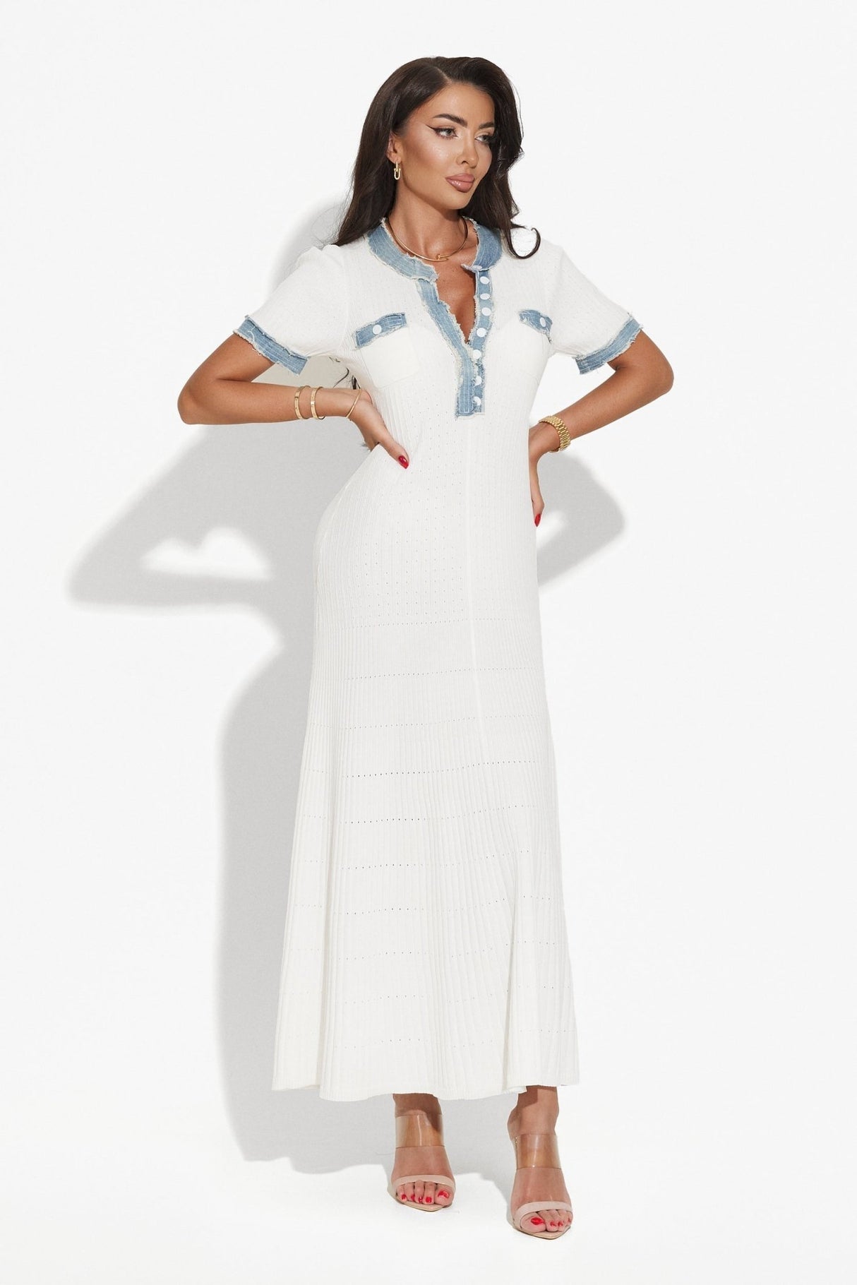 Dress - Maxi Length A - Line Silhouette - Ribbed Texture - Form - Fitting - Button - Down Front