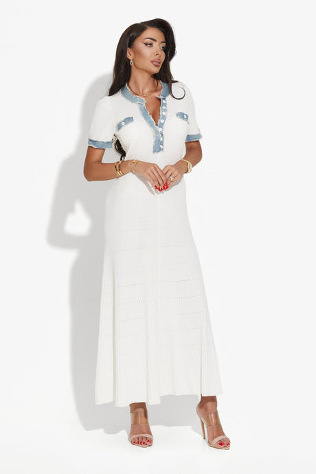 Dress - Maxi Length A - Line Silhouette - Ribbed Texture - Form - Fitting - Button - Down Front