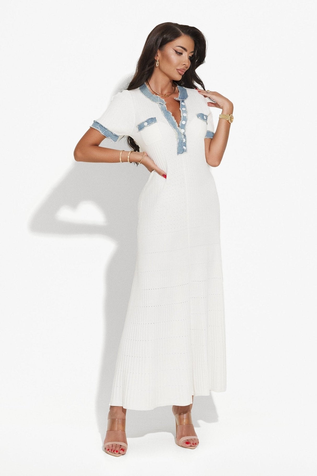 Dress - Maxi Length A - Line Silhouette - Ribbed Texture - Form - Fitting - Button - Down Front