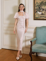 Dress - Ruched Bodycon Silhouette - Polka Dot Print - Puff Sleeves - Figure - Hugging Fit